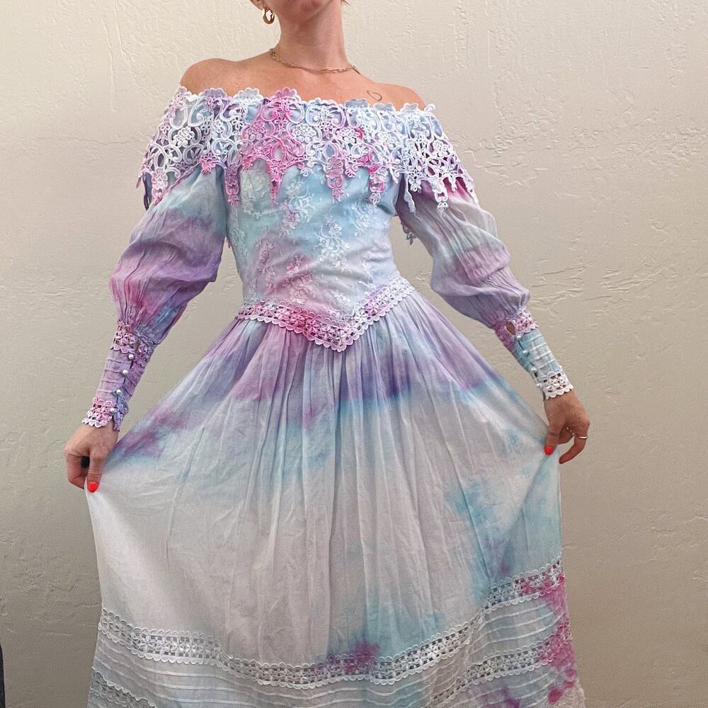 Vintage 1980's Jessica McClintock Tie Dye Midi Dress - Picture 3 of 7